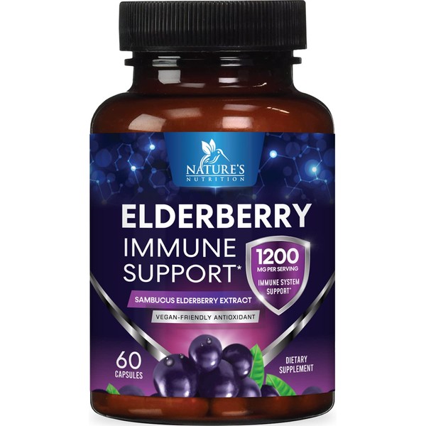 Nature's Nutrition 10:1 Elderberry Extract Capsules - Highly Concentrated Sambucus Black Elderberry, Immune Support Dietary Supplement, Elder Berry Vitamins, Gluten Free Non-GMO - 60 Capsules