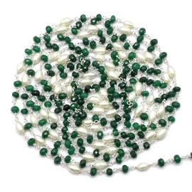 Green Onyx Jade with Glass Pearl 36 Inch 92.5 Sterling Silver Plated 4 mm - 4 x 6 mm Rondelle Drum Faceted Smooth Beads Necklace Chains Bulk for DIY Necklace Bracelet Choker Jewellery 3 Feet