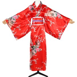 Women's Japanese Kimono Costume Traditional Geisha Robe Anime Printed Bathrobe Pajamas Beautiful Sleepwear With Peacock (one size, Bright red)