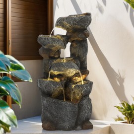 Grepatio 6 Tier Cascading Rock Water Fountain - 35"H Outdoor Garden Fountains Waterfalls with 6 LED Lights and Pump, Indoor/Outdoor Modern Floor Standing Water Fountain for Garden, Patio, House Decor