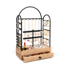 Jewelry Holder, Jewelry Storage Organizer Stand with Velvet Tray & Drawer, Earring Holder & Necklace Display, Multi-section Storage for Necklace, Earrings, Rings, Bracelets, Watches, Gift Idea