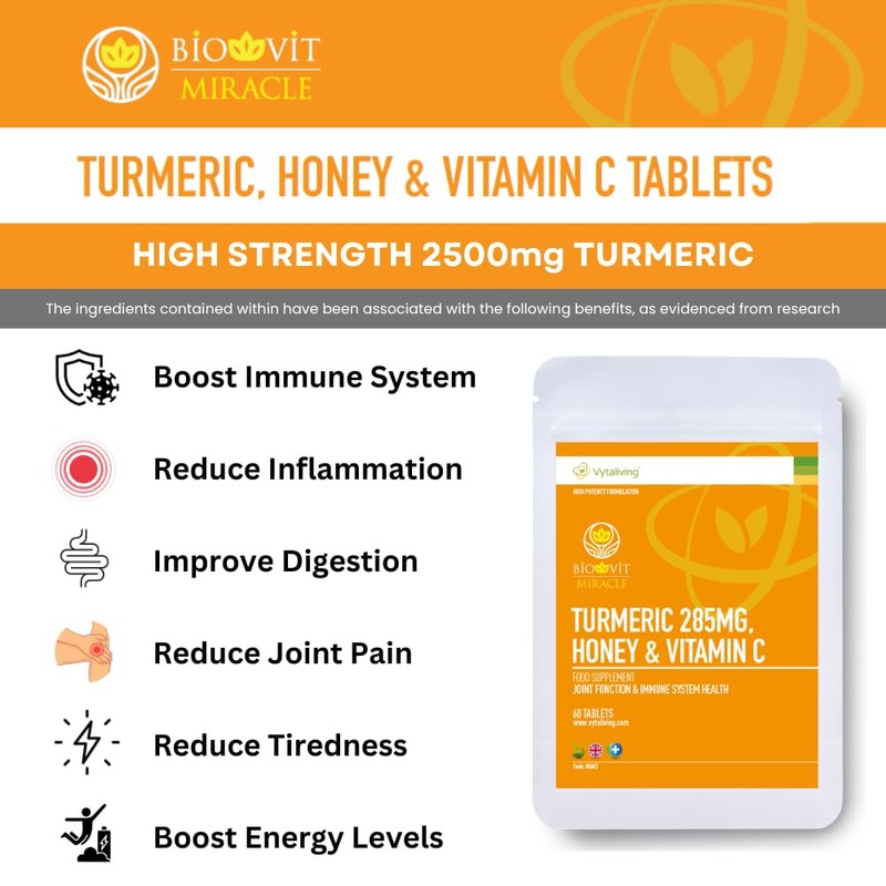 VYTALIVING 2500mg High Strength Turmeric Tablets with Honey & Vitamin