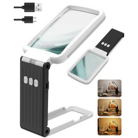 6X Magnifying Glass with Light and Stand, Rechargeable Folding Handheld Real Glass Magnifier, 3 Color Modes Dimmable Lighted Page Magnifying Sheet for Seniors Low Vision Small Prints -Black White