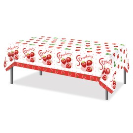 Lide Road 2 Pcs Strawberries Tablecloth Strawberries Plastic Table Covers Watercolor Strawberries Tablecloth Disposable Table Cover Strawberries Table Cover for Kitchen Home Decor, 54x87In