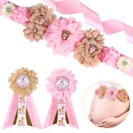JOYMEMO Pink Deer Baby Shower Maternity Sash Kit - Woodland Deer Baby Shower Belly Belt and Mom to Be & Dad to Be Corsage Pins, Pregnancy New Parents Photo Props Party Supplies