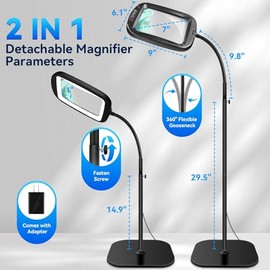 30X 10X Extra Large Floor Magnifying Glass with Light and Stand,60 LED Flexible Gooseneck Floor Magnifying Lamp with 5 Color Modes, 2-in-1 Lighted Magnifiers for Close Work, Sewing,Crafts, Painting