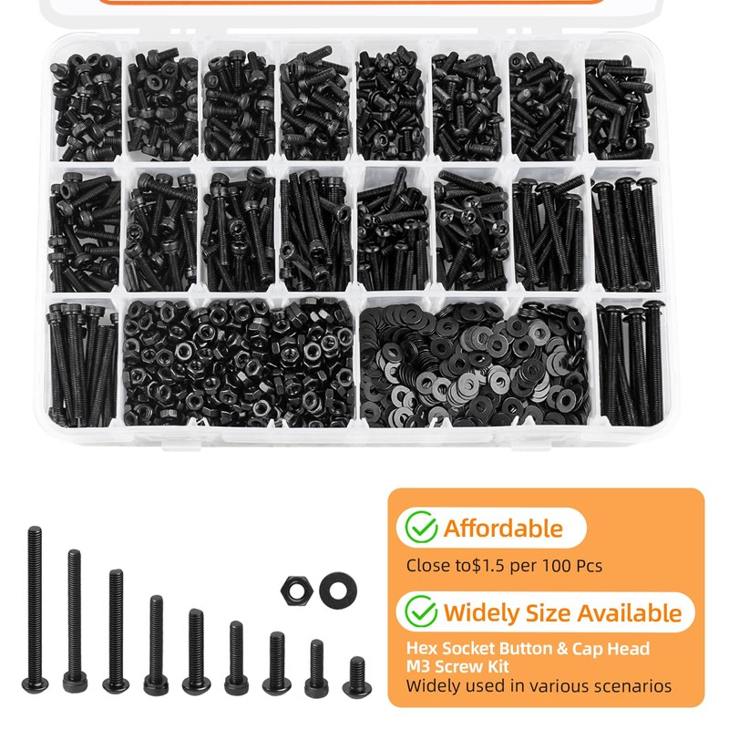 1600 PCS M3 Screw Kit, Hex Button Socket & Cap