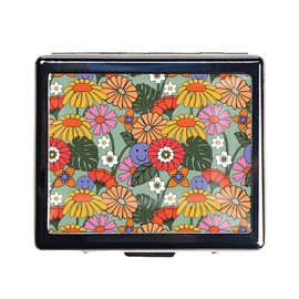 DingRound Silver Vintage Pill Box 7 Day Metal Pill Box with Mirror and 8 Compartments Cute Travel Pill Organizer for Purse (Retro Summer Floral)