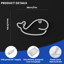 Ganrami Whale Neon Sign, USB & Battary Powered Neon Lights Signs, Whale Night Light, Whale Decor, Ocean Decor, Under The Sea Party Decorations, Ocean Party Decorations