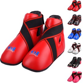 MAR | Red Martial Arts Foot Protector for Karate, Kickboxing, Muay Thai, Taekwondo, Karate K1 Kick Boots, Taekwondo Foot Protectors, Moulded Foam Padding Elasticated Toe Loops (Large)