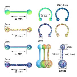 Longbeauty Horseshoe Barbells Industrial Stainless Steel Natural Stone 14G 16G Piercings Bar Set for Tongue Nose Belly Button Punk 6/10/12 Pieces