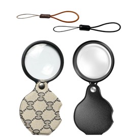 2PCS 15X Magnifying Glass Loupe Small Pocket Magnifying Lenses Glass Protective Holster Leather Lanyard for Seniors Reading Inspection Coin Hobby Jewelry or Exploring (Black + Beige Print)