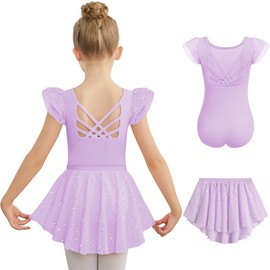 Zaclotre Ballet Leotards for Girls Toddler Ruffle Sleeve Crisscross Back Dance Dress Outfit with Removable Skirt Combo Lilac