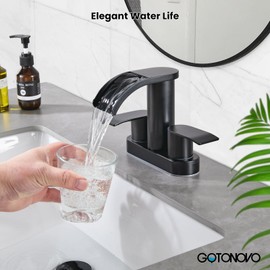 gotonovo 4 Inch Centerset Waterfall Bathroom Sink Faucet Deck Mount 2 Handle Basin Faucets 2 or 3 Hole with Pop Up Drain Included Lavatory Modern Mixer Tap Vanity Faucet Matte Black