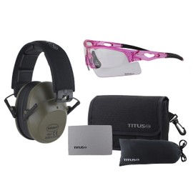 TITUS Slim-line Earmuffs and Safety Glasses Combo Pack (Olive, Pink Frame w/Clear Lens)