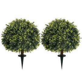 ICX 2 Pack 24" Artificial Boxwood Topiary Ball Trees with Ground Spike,Artificial Plants Outdoor,Fake Bushes & Shrubs for Porch, Garden, Front Porch Decor - Indoor/Outdoor Faux Plants