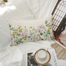 WCYYWGO Spring Throw Pillows Flowers And Grass Pillow Cover Sofa Lumbar pillowcase 12x20 Set of 1 Linen Farmhouse Decor Home Decor Pillowcase Indoor Outdoor Sofa Cushion Covers Chair Back Pillow Cover
