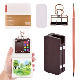 Travel Paint Palette, 8 Colors Wooden Grid Paint Box, Mini Portable Watercolor Palette Set, Watercolor Paper Pad Watercolor Sketch Book with Binder Clips for Painters Artists Students