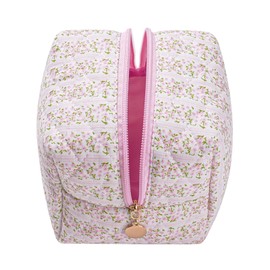 HHQQWZ Cute Cubic Shaped Floral Cotton Makeup Cosmetic Bag for Women, Travel Quilted Zipper Make Up Bag, Cube Flowers Organizer Case Kawaii Makeup Cosmetic Travel Cloth Pouch (Pink Floral)