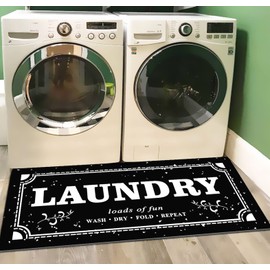 Ukeler Anti Fatigue Laundry Room Runner Rug, Non-Slip Black and White Laundry Room Mat Waterproof Washroom Floor Mat with Natural Rubber Backing, 20''x59''