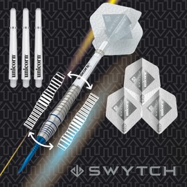 Unicorn Steel Tip Darts Set | Swytch | 80% Natural Tungsten Barrels with Blue Accents & Blue Volute Converta Points | 22 g