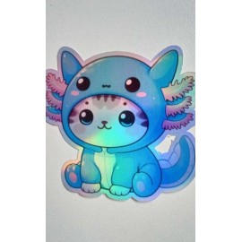 Kitty Cat Axolotl 3 Inch Waterproof Holographic Vinyl Sticker