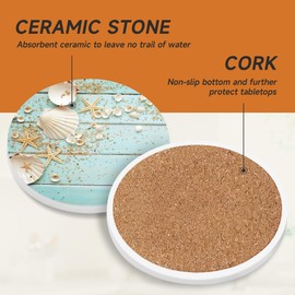 LVYUNF Coasters Set of 6 with Holder,Coastal Themed Beach Lover Gifts for Her.Absorbent Ceramic Drink Coasters with Cork Base for Tabletop Protection Home Decor & Housewarming Gifts for New Home