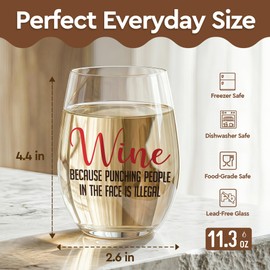Funny Wine Glass for Women, Men, Mom, Sister, Friend, Aunt,BFF,Wine Because Punching People Is Illegal,Novelty Unique Gifts for Birthday, Christmas,Office Gag Gift for Coworker, Boss