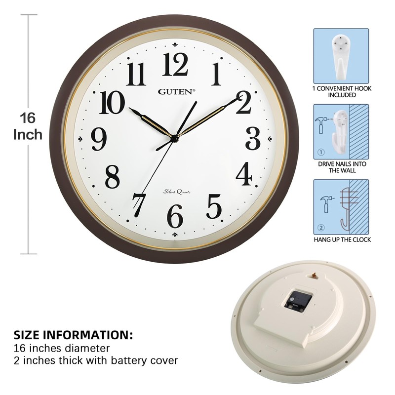 Caysie 16 Inch Large Silent Non Ticking Wall Clock, Quartz