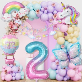 Unicorn Birthday Decoration Girl, 2 Years Butterfly Birthday Decoration, Unicorn Decoration Children's Birthday, 1-10 Years Happy Birthday Decoration, Unicorn Balloons for 2nd Birthday Girl Decoration