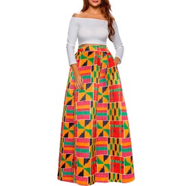 Afibi Women African Printed Maxi Skirt Flared Skirt A Line Long Skirts with Pockets S-5XL (3X-Large, Golden Green)