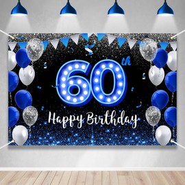 Happy 60th Birthday Backdrop Banner Blue Black Theme Background with Blue Neon Light Shiny Fashion Birthday Party Photo Photography Prop Booth Background for Men Women Celebration 70.8x47.2in-BECKTEN