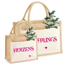AMBERGER DESIGN by A&M Osterhage amd Kleine Jute-Tasche Herzensmensch personalisiert | Geschenktasche Herzen | Größe S & M