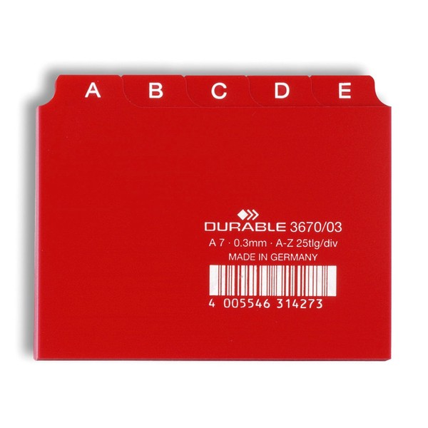 Durable 367003 25 Piece A7 Index Card Set with Printed A-Z Tab - Red