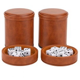 RERIVER Brown PU Leather Dice Cup with Lid, Velvet Interior Quiet Dice Shaker Cup with 6 Dice for Liars Dice/Farkle/Yahtzee Games, 2 Pack