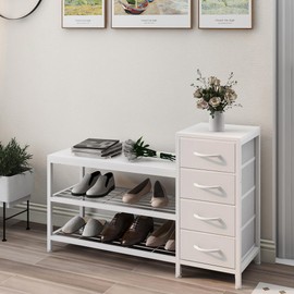 EXOTICA 3-Tier Shoe Storage Bench White Entryway Shoe Rack with 4 Drawers and Seating Shoe Shelf Storage Cabinet for Hallway Front Door Doorway Living Room Mudroom Steel Frame