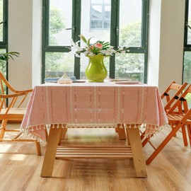 Plobeca Rustic Farmhouse Cotton Linen tablecloths,Wrinkle Resistant Dining Room Table Cloths with Tassels for Rectangle Tables Dining Room Decoration (Pink, 110x170cm)