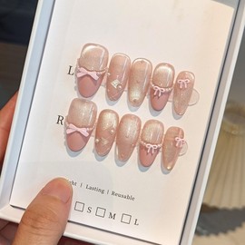 TENPAL Cute Sweet Handmade Press on Nails Almond,Ballet Butterfly Cat Eye Nude Pink Ombre French Tips Fake Nails with Tools, Reusable Spring Polka Dot Bow Pearl False Nails for Women 10pcs(XS)