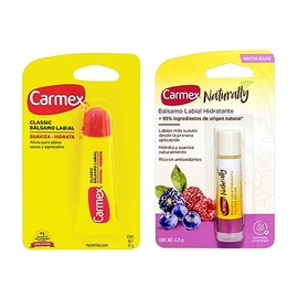 Carmex, Duopack Bálsamo Labial Classic Tubo + Naturally Frutos Rojos, para Labios secos y Agrietados, Protege y Suavisa, con ingredientes Naturales, 2 pz