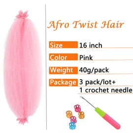 Springy Afro Twist Hair 16 Inch 3 Packs Pink Color Pre Fluffed Marley Twist Braiding Hair for Black Women (16 inch, Pink)