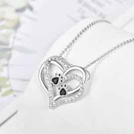 KINGWHYTE Dog Paw Necklace Heart Pendant 925 Sterling Silver Paw Print Jewellery Gifts for Animal Lovers Women Girls Birthday Gifts, Sterling Silver, Cubic Zirconia