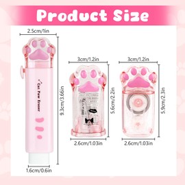 6 Pcs Cute Cat Paw Stationery Set, 2 Pcs Pencil Sharpener Manual, 2 Pcs Retractable Cartoon Eraser and 2 Pcs Correction Tape, Kawaii Pencil Cutter Accessory with Lid for Office Home Girls Gift
