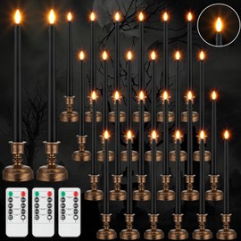 24 Pack Flameless Taper Candles with Remote Control and Timer Flickering LED Taper Candles Realistic 3D Flame LED Window Candles with Base Holiday Wedding Home Decor (Black)