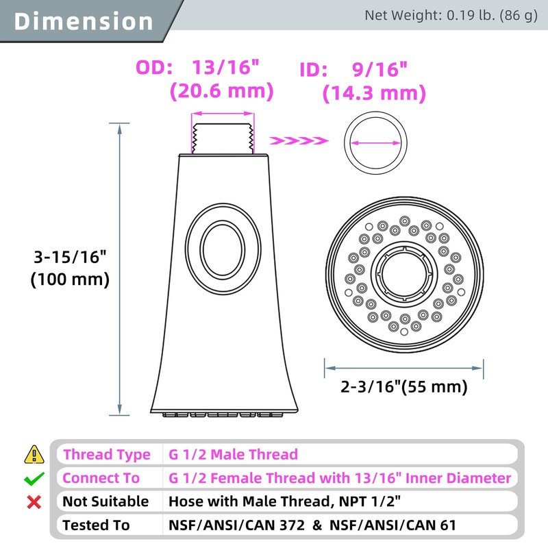Angle Simple Kitchen Faucet Head Replacement, G 1/2 or 13/16