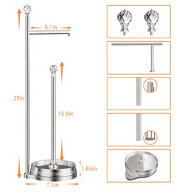 KASUNTO Toilet Paper Holder for Bathroom, Heavy Weighted Metal Free Standing Toilet Paper Holder Stand with Crystal Ball, Toilet Paper Roll Stand for Bathroom Accessories