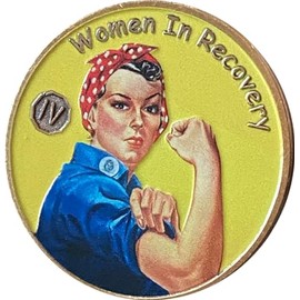 4 Year Women in Recovery Medallion Color Rosie The Riveter Serenity Prayer Sobriety Chip, 34x2mm, Metal, No Gemstone