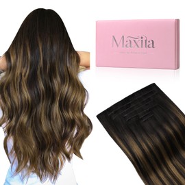 MAXITA Invisi Edge Clip in Hair Extensions Real Human Hair, 14 in, 7pcs Balayage Dark Brown Mixed Chestnut Brown 140g Thick Volume Seamless Clip ins,100% Remy Human Hair Extensions for Women