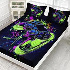 AILONEN Colorful Gamer Bedding Set Twin Size,Video Game Controller Gaming Sheet Set,Graffiti Gamepad Fitted Sheet with 2 Pillowcases,3 Pieces