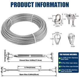 3/16 Stainless Steel Cable with 4 Turnbuckle, 100ft, 7x19 Strands Wire Rope Kit, 500 lbs Working Load Limit, Wire Rope Turnbuckle Tensioner Kit for Yard Zipline, Clothes Line Cable