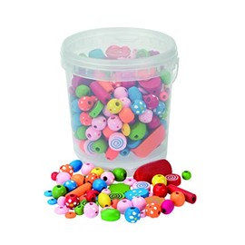 GLOREX 6 1618 201 Wooden Beads Set, in Plastic Bucket, 180 g, with Pattern, Assorted Colours, Ideal for Designing Jewellery, Bracelets, Necklaces, Accessories and Decoration